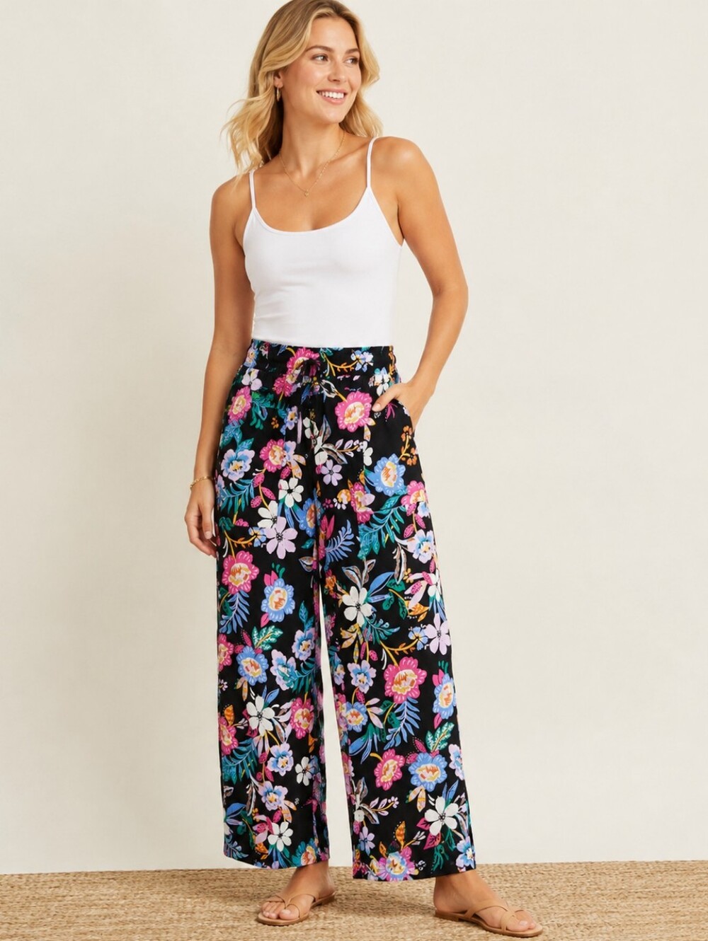 C&C California 100% LINEN Black Colorful Floral Wide-Leg Palazzo Crop Pants